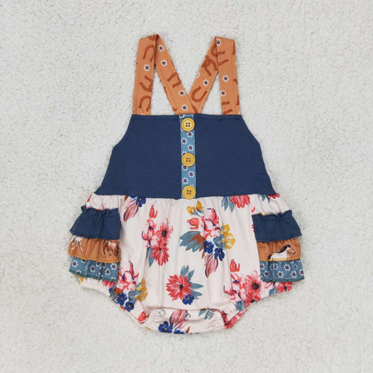 SR1394 Western horse flowers brown blue sleeveless girls romper