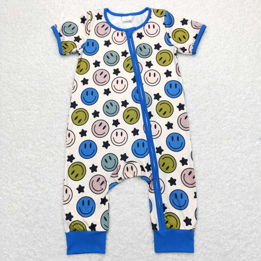 SR0944 Colorful Smile Star Blue Short Sleeve Zipper Boys Romper