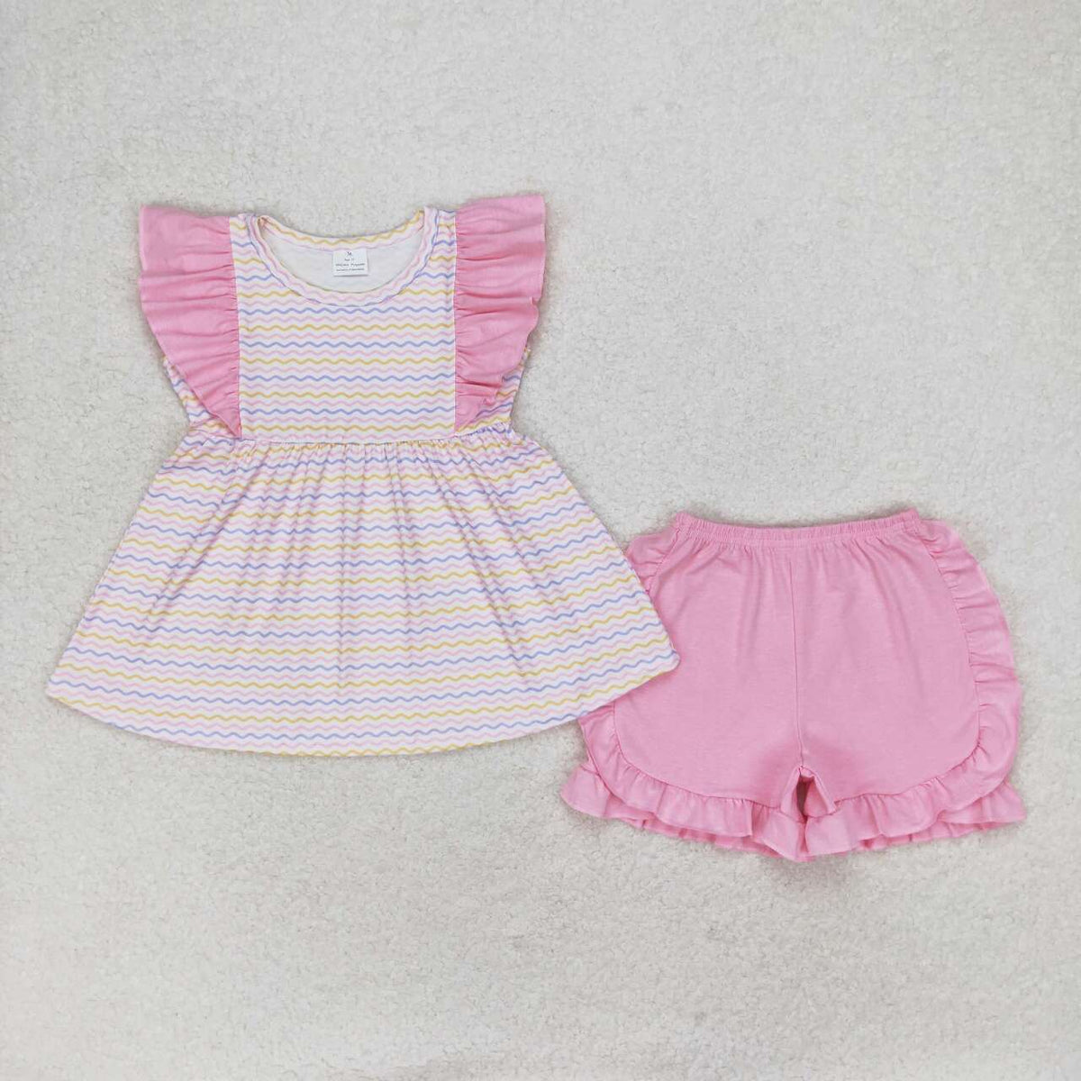 GSSO0976 multi color flowers striped pink flutter sleeve pink shorts girls set