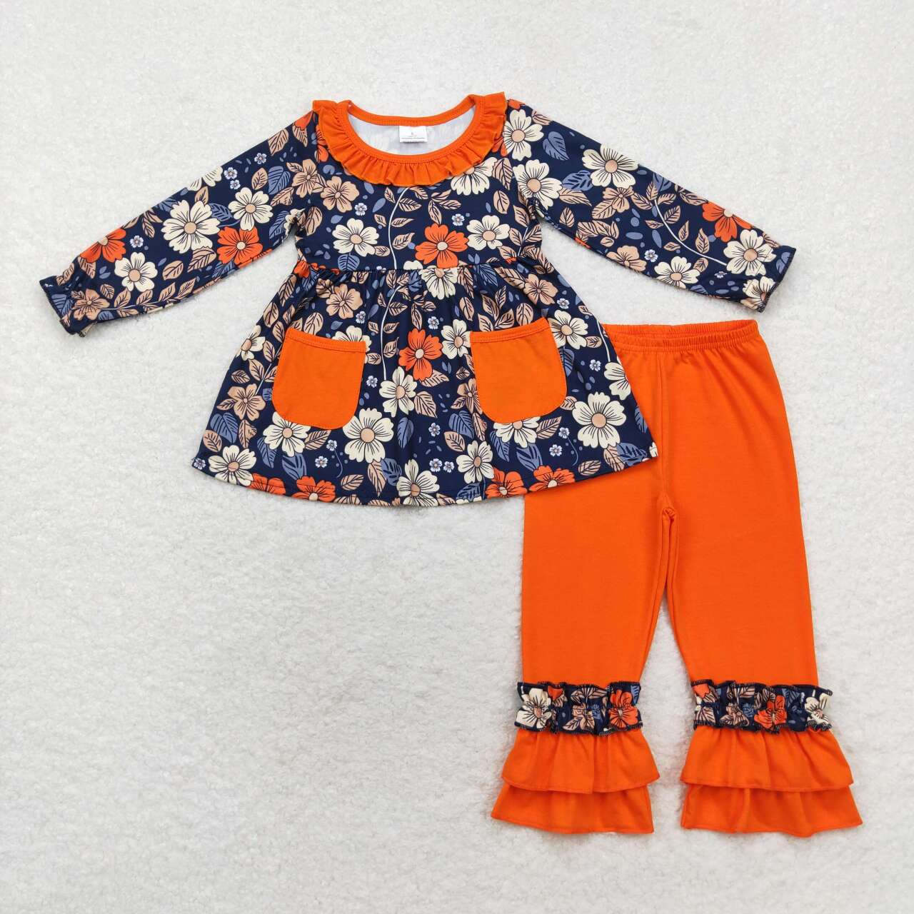 GLP1564 colorful flowers pockets long sleeve orange pants girls set