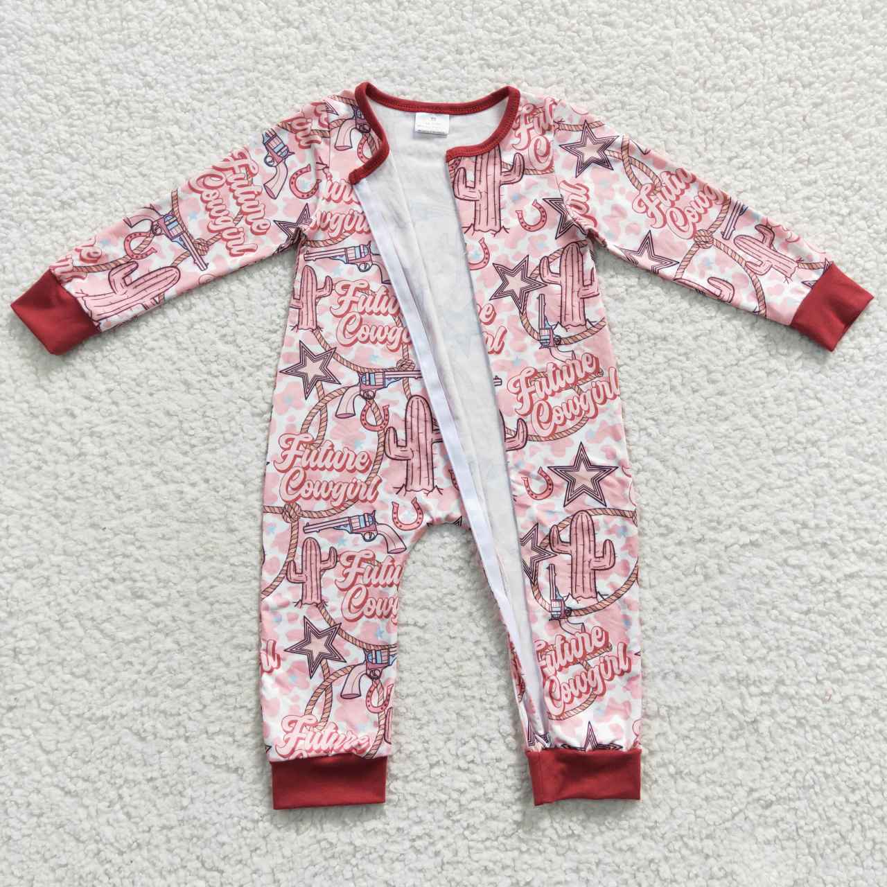 LR0306 Star Cactus Western Pink Kids Long Sleeve Romper