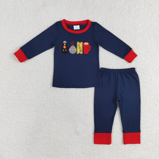 BLP0527 embroidery Christmas train bell navy blue long sleeve pants boys pajamas