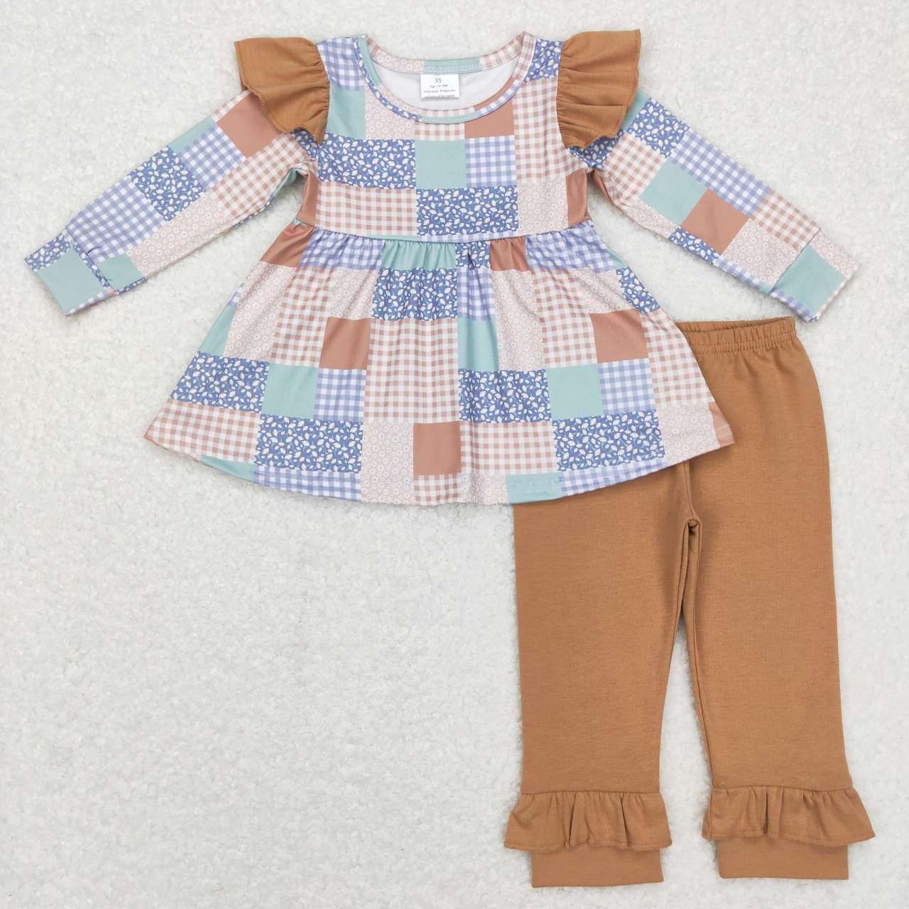 GLP0910 Blue & brown patchwork checkered pattern brown pants girls set