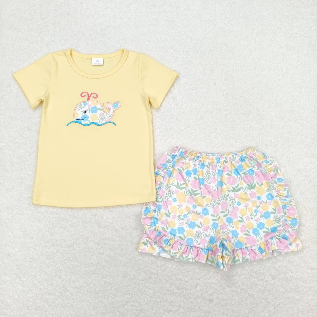 GSSO0765 embroidery Whale yellow short sleeve colorful flowers shorts girls set