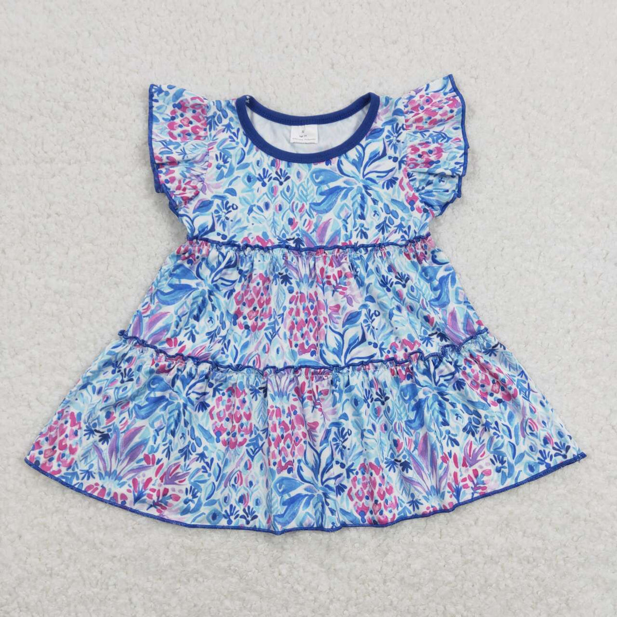 GT0474 Colorful Flowers Blue Flutter Sleeve Girls Summer Top