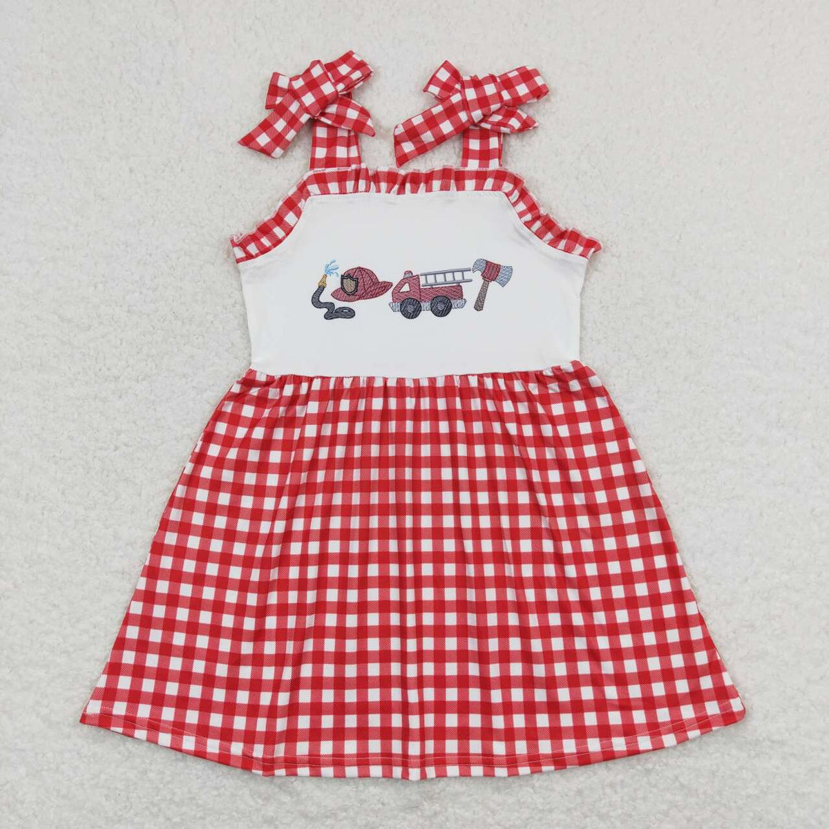GSD0906 Fire truck red checkered girls dress