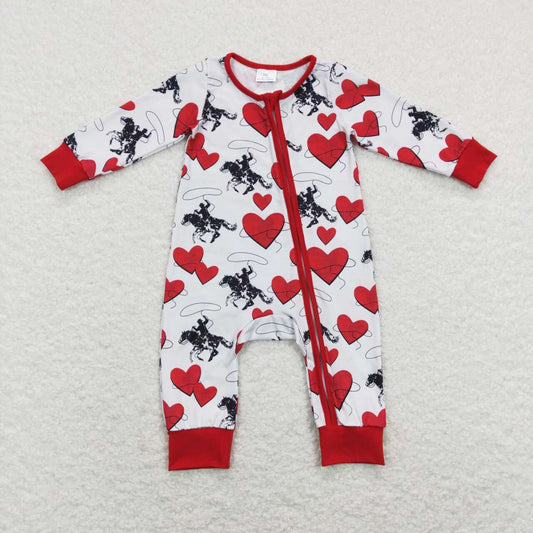 LR0903 Western Rodeo Heart Red Long Sleeve Boys Romper Kids Valentine's Day Clothes