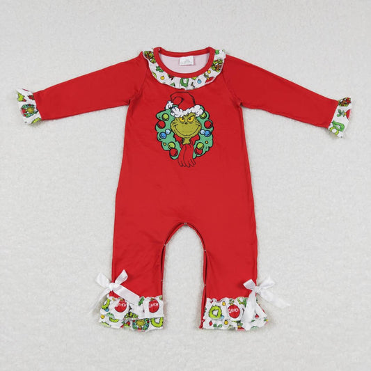 LR0578 Christmas green face red long sleeve kids romper