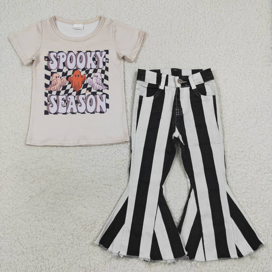 GSPO0805 Halloween spooky season short sleeve black striped denim pants girls set