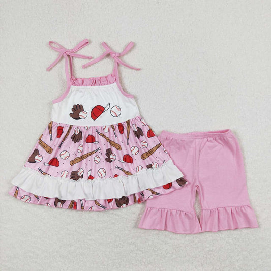 GSSO0794 Baseball hat glove pink sleeveless shorts girls set