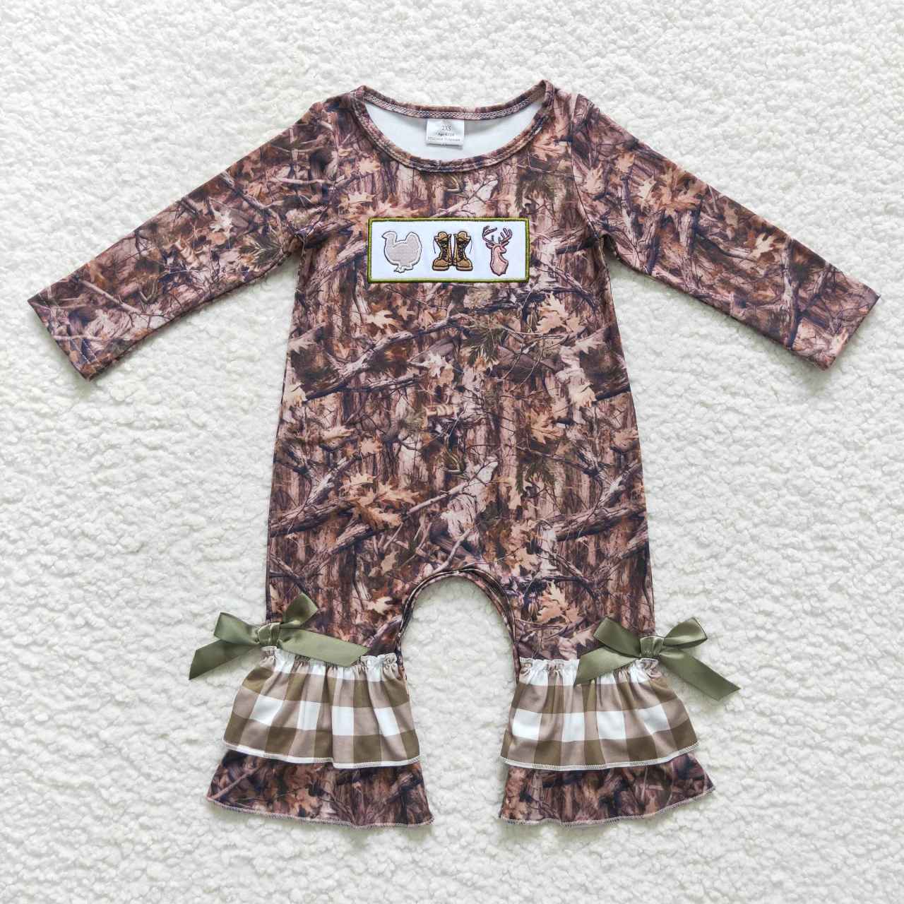 LR0526 Hunt turkey boot deer camo long sleeve girls romper