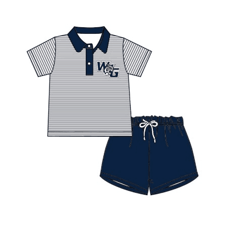 custom style WG football navy blue striped short sleeve navy blue shorts boys set