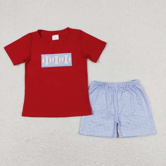 BSSO0405 embroidery Baseball red short sleeve blue checkered shorts boys set