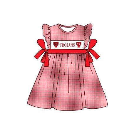 custom style TROJANS red checkered flutter sleeve girls bows dress
