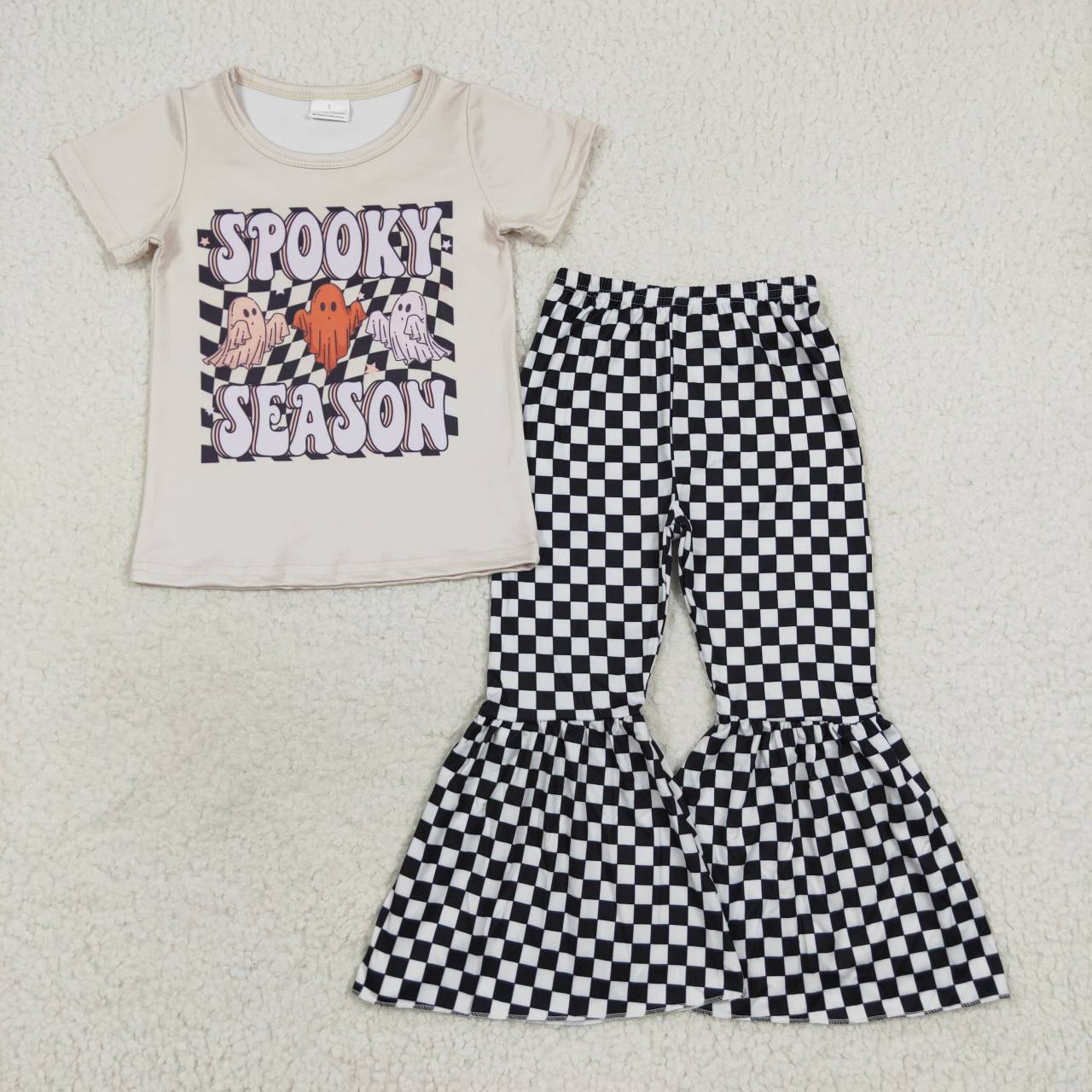 GSPO0804 Halloween spooky season short sleeve black plaid pants girls set