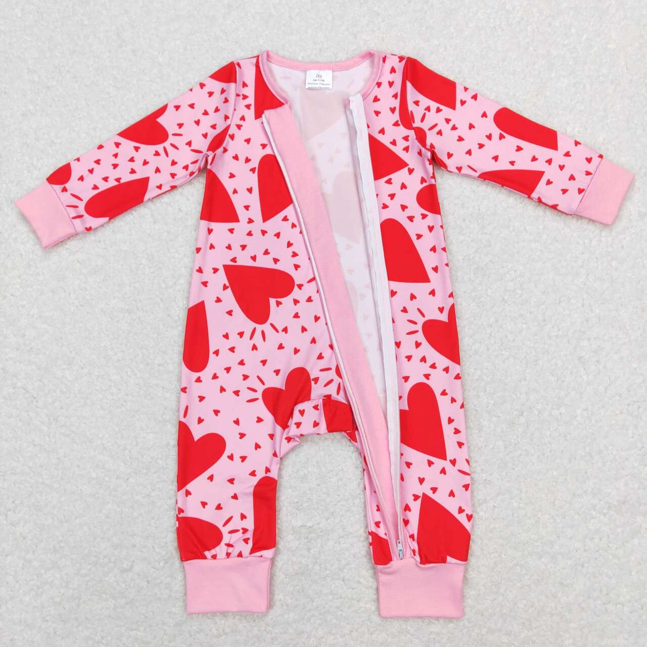 LR0839 Valentine's Day Red Heart Leopard Hot Pink Zipper Long Sleeve Girls Romper