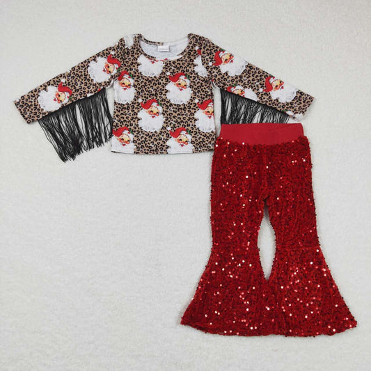 GLP0603 Christmas Santa Claus Leopard Tassels Top Red Sequin Pants Girls Clothes