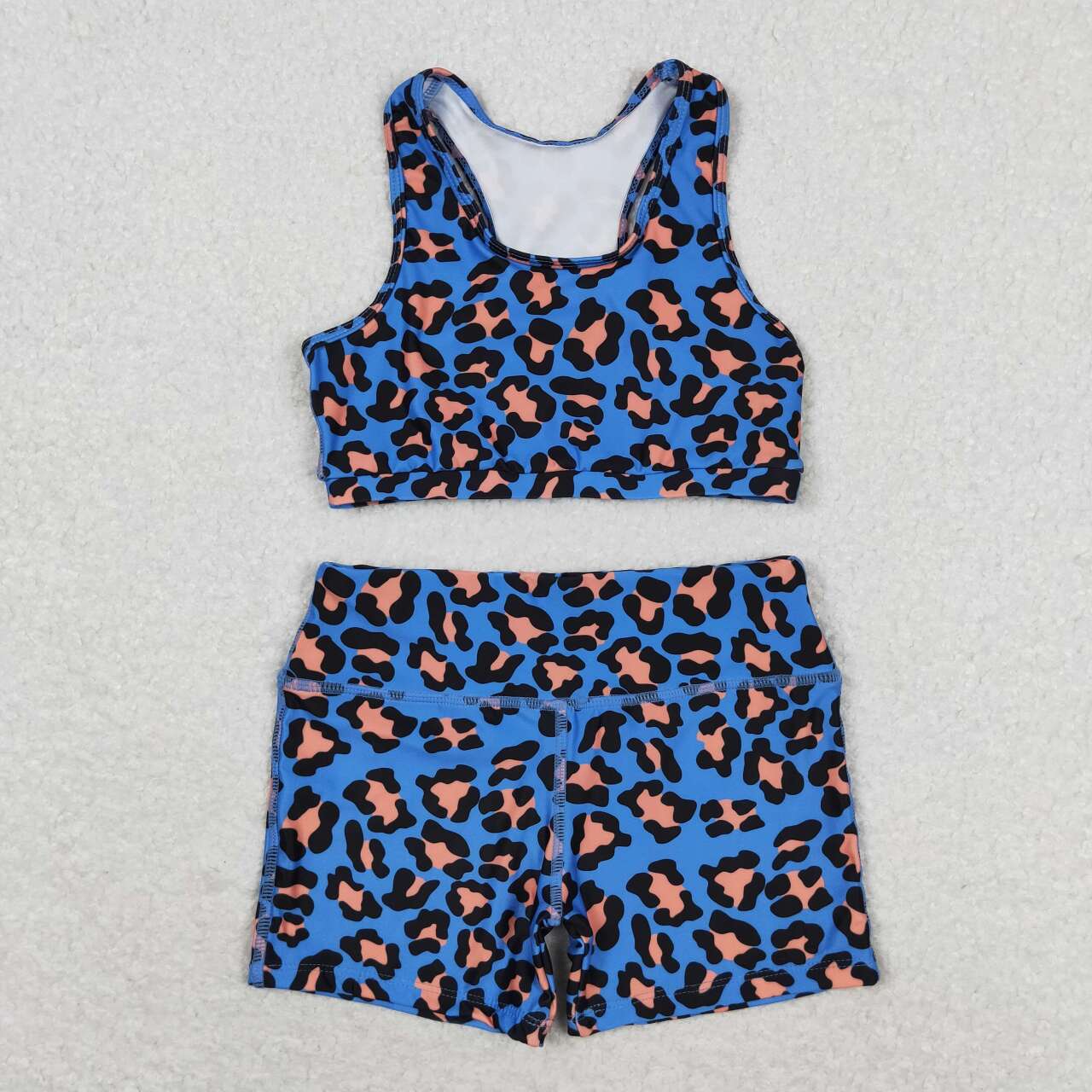 GSSO0901 leopard blue racer crop tanks shorts girls set