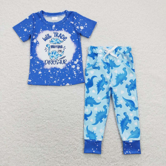 BSPO0277 Will Trade Brother For Dinosaur Blue Short Sleeve Pockets Pants Boys Set