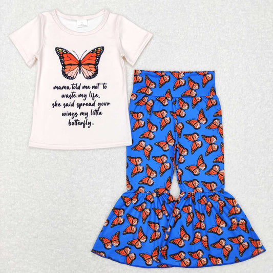 GSPO0954 Butterfly white short sleeve blue pants girls set