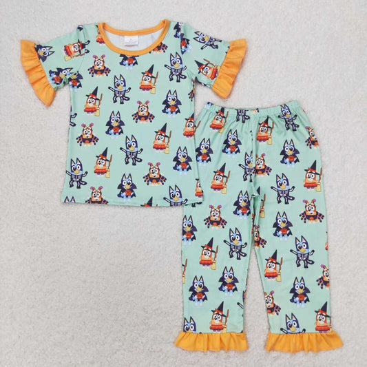 GSPO1573 Halloween blue dog green short sleeve pants girls pajamas