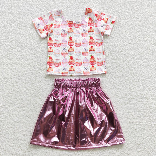 GSD0412 Valentine's Day XO Love Cake White Short Sleeves Pink Leather Skirt Girls Set