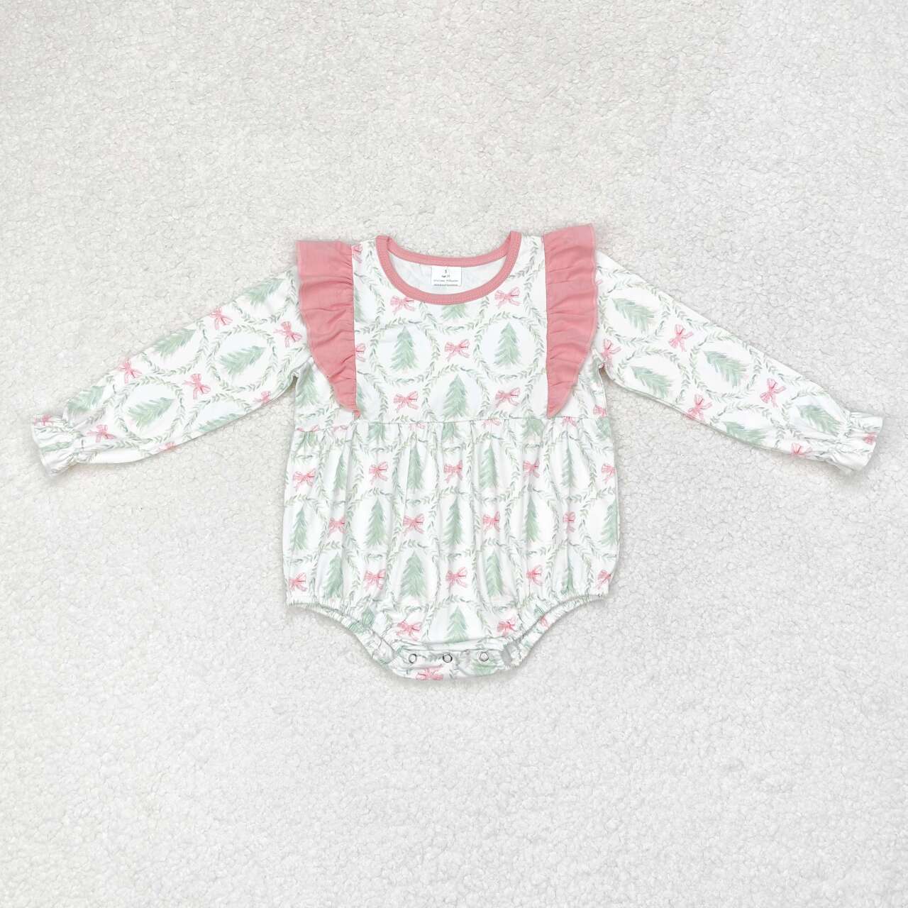 LR1105 Christmas pink bow green tree long sleeve girls romper