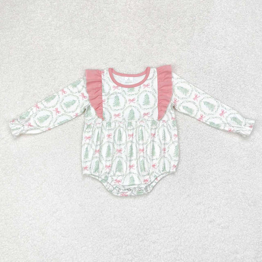 LR1105 Christmas pink bow green tree long sleeve girls romper