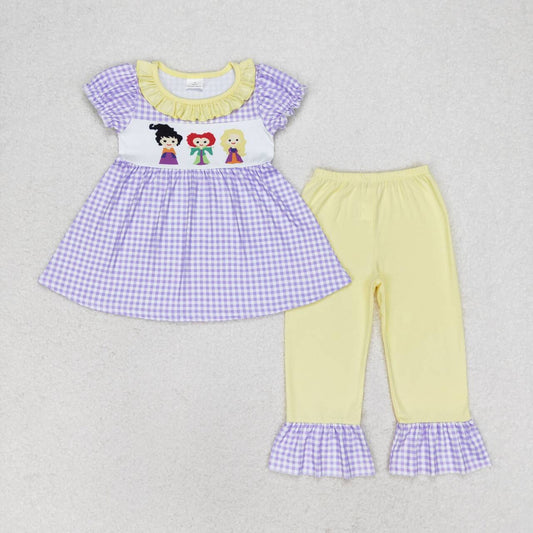 GSPO1535 Halloween witch purple checkered short sleeve yellow pants girls set