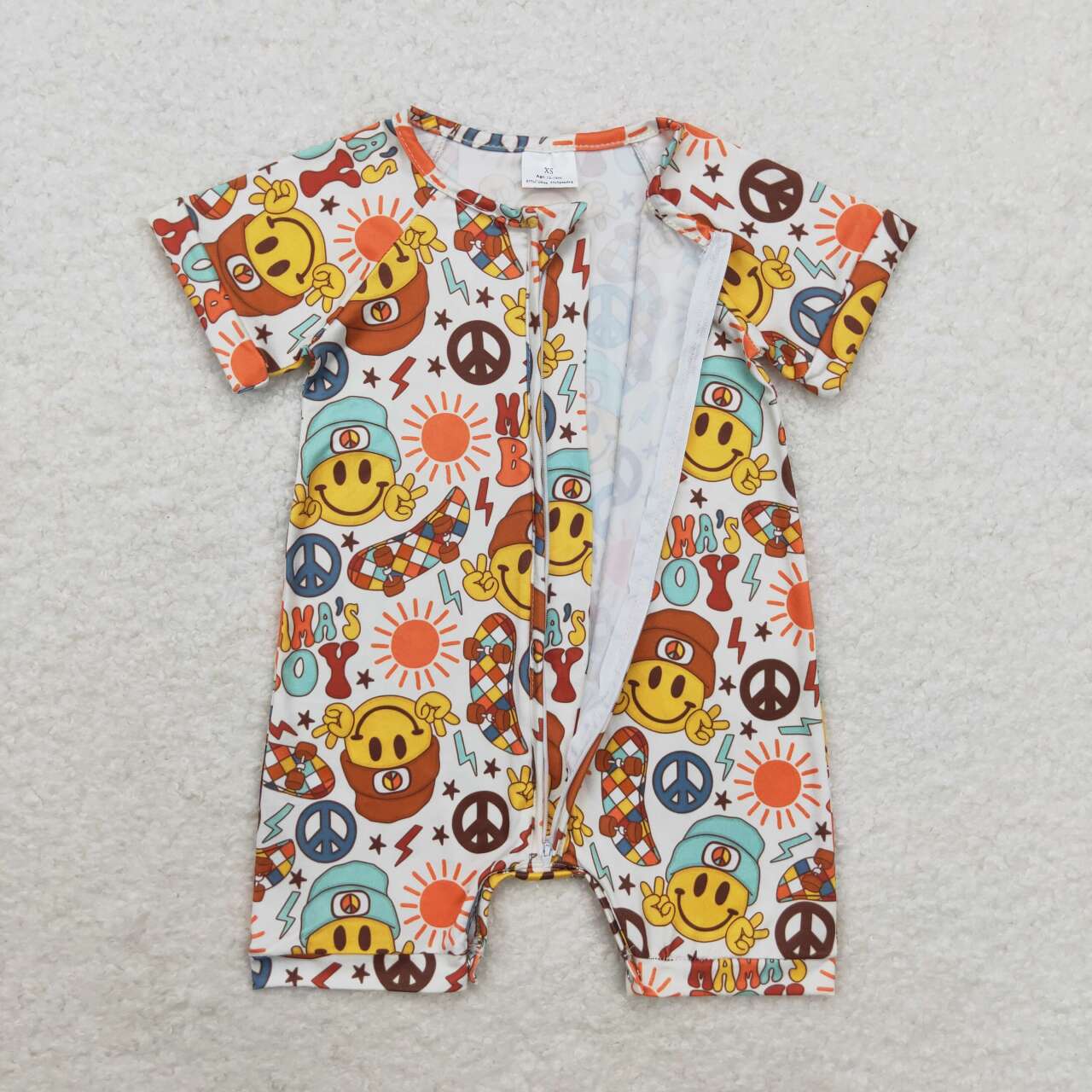 SR1776 mama;s boy smile skateboarding short sleeve zipper boys romper