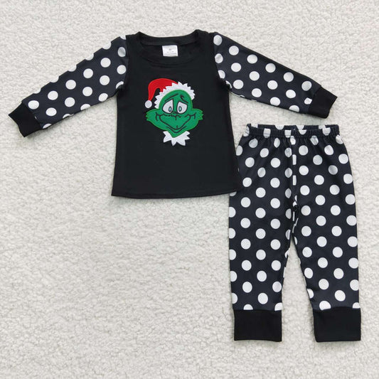 6 B13-17 Christmas Green Face Long Sleeve Black Dot Pants Boys Pajamas