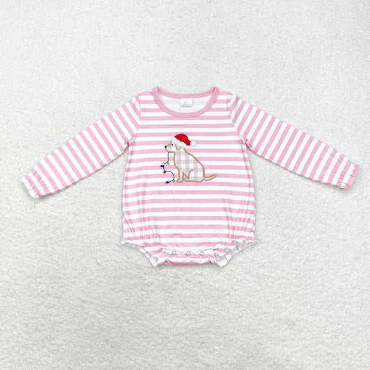 LR1306 embroidery Christmas dog light pink striped long sleeve girls romper