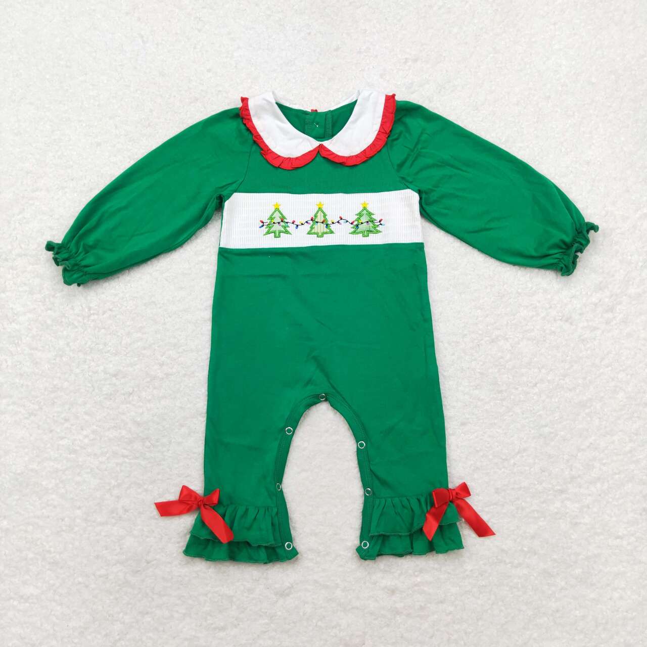 LR1119 Christmas embroidery tree smocked green long sleeve girls romper