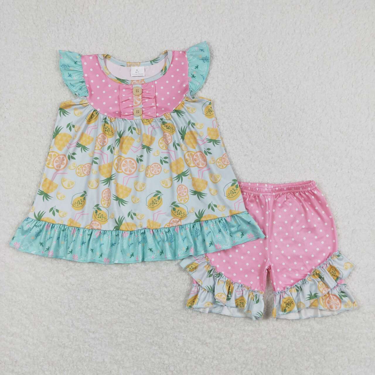 GSSO0782 lemon pineapple blue flutter sleeve pink shorts girls set