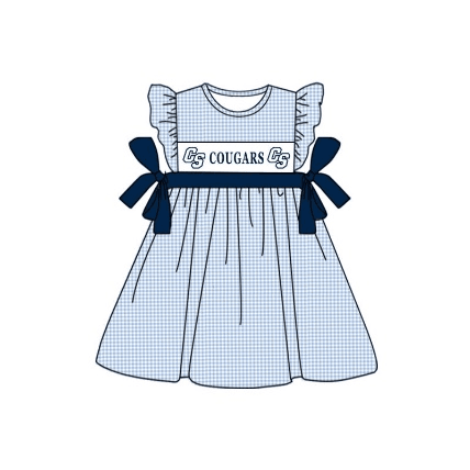 custom style COUGARS blue checkered flutter sleeve girls bows dress