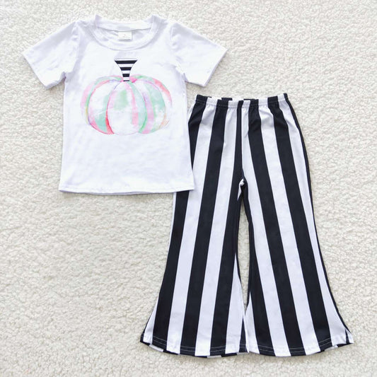 A7-5 Pumpkin White Short Black Stripe Pant Girls Outfits