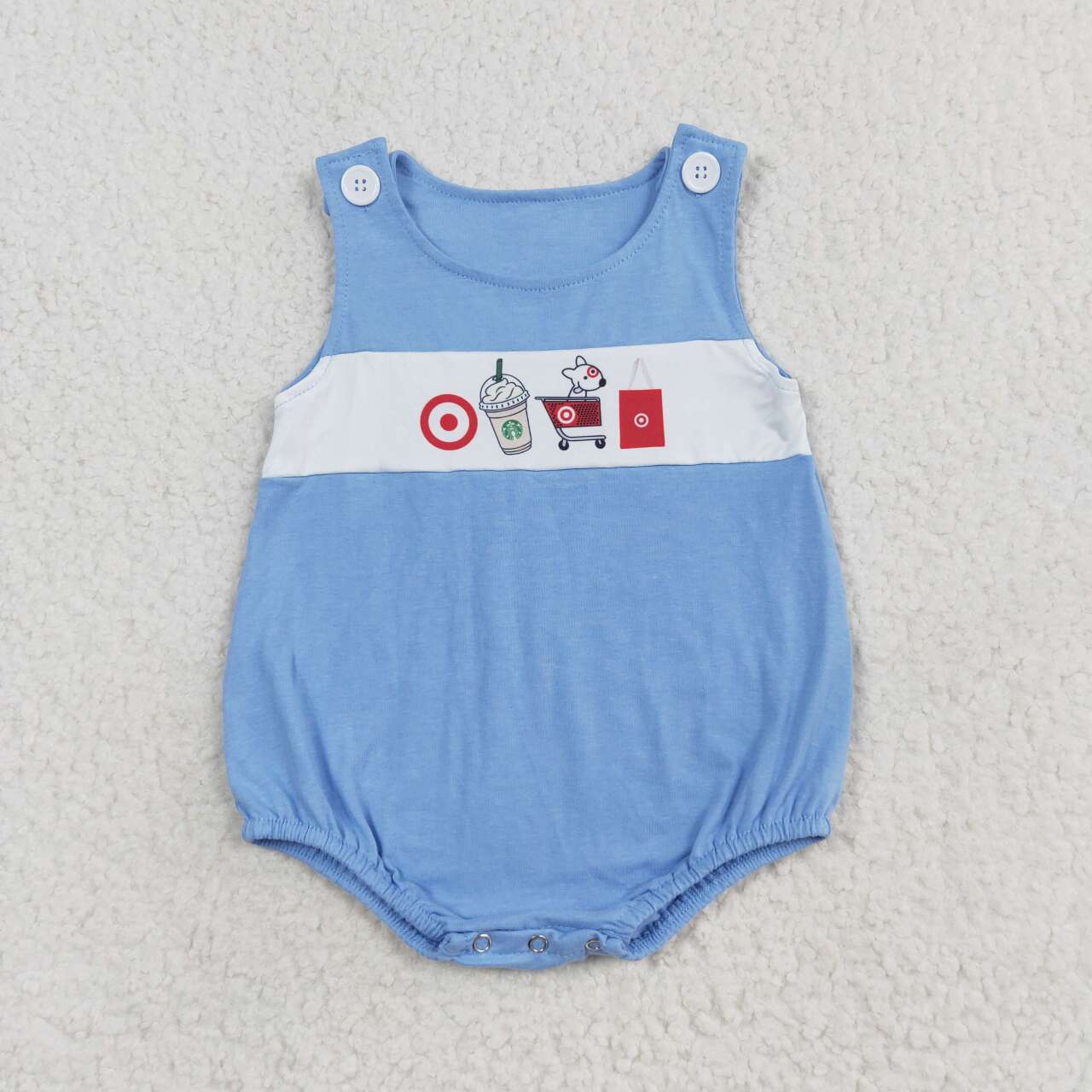 SR1604 dog coffee target blue sleeveless boys romper