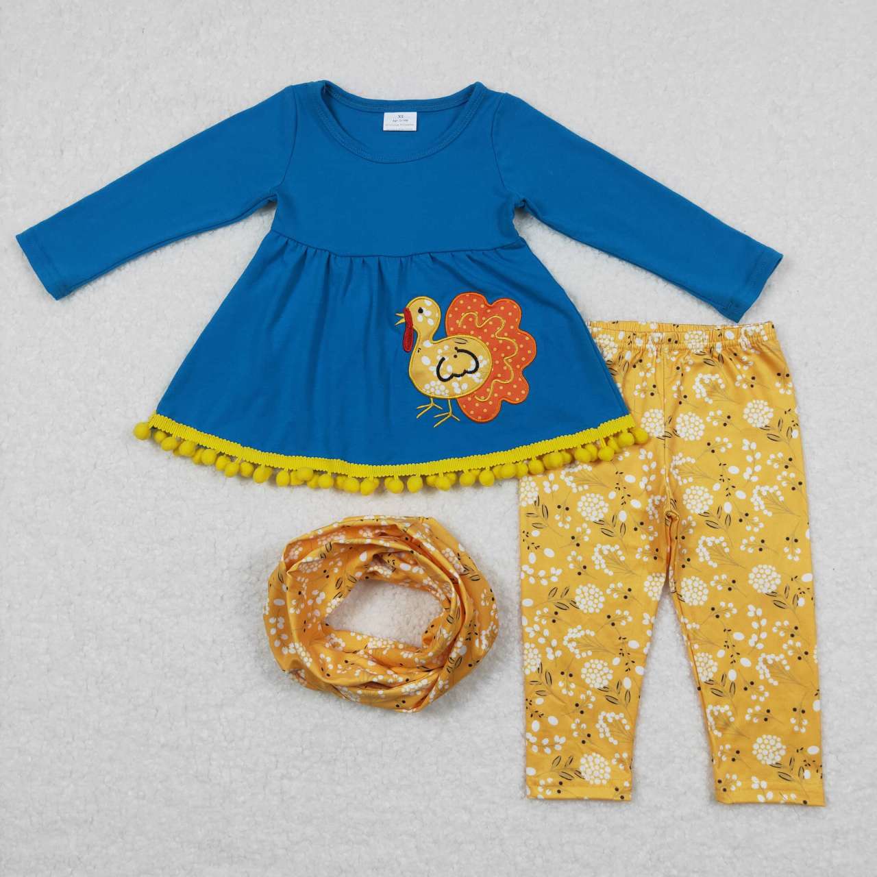 GLP0720 Thanksgiving turkey blue long sleeve white flowers yellow pants girls set