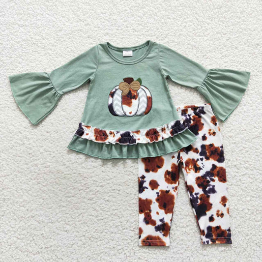GLP0578 Pumpkin Green Long Sleeve Ink Pattern Pants Girls Clothes