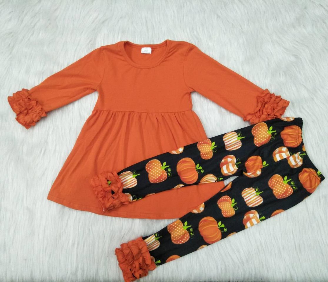 6 A21-12 Orange Ruffles Sleeve Cotton Dress Top Match Ruffles Legging Pants Fall Outfits