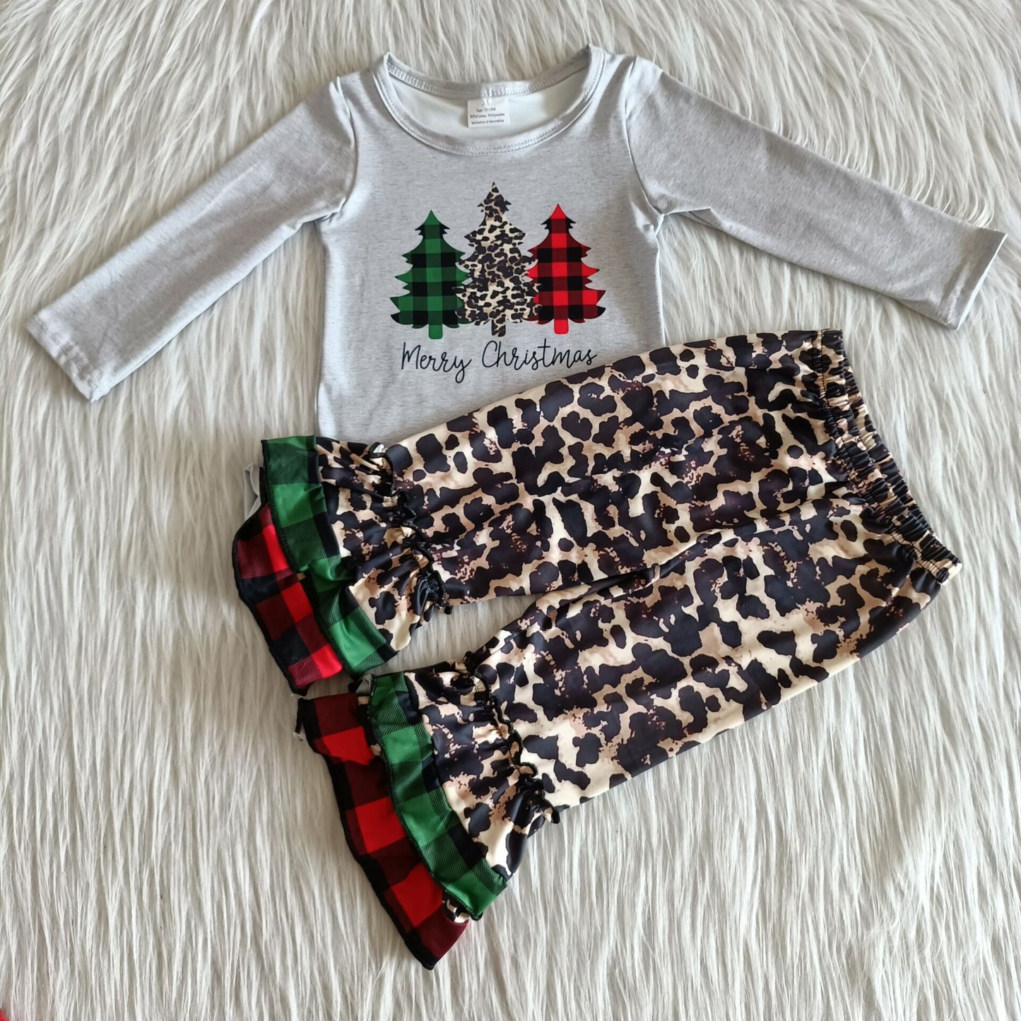 6 C6-38 Baby Girls Long Sleeve Merry Christmas Leopard Pants Kids Outfits