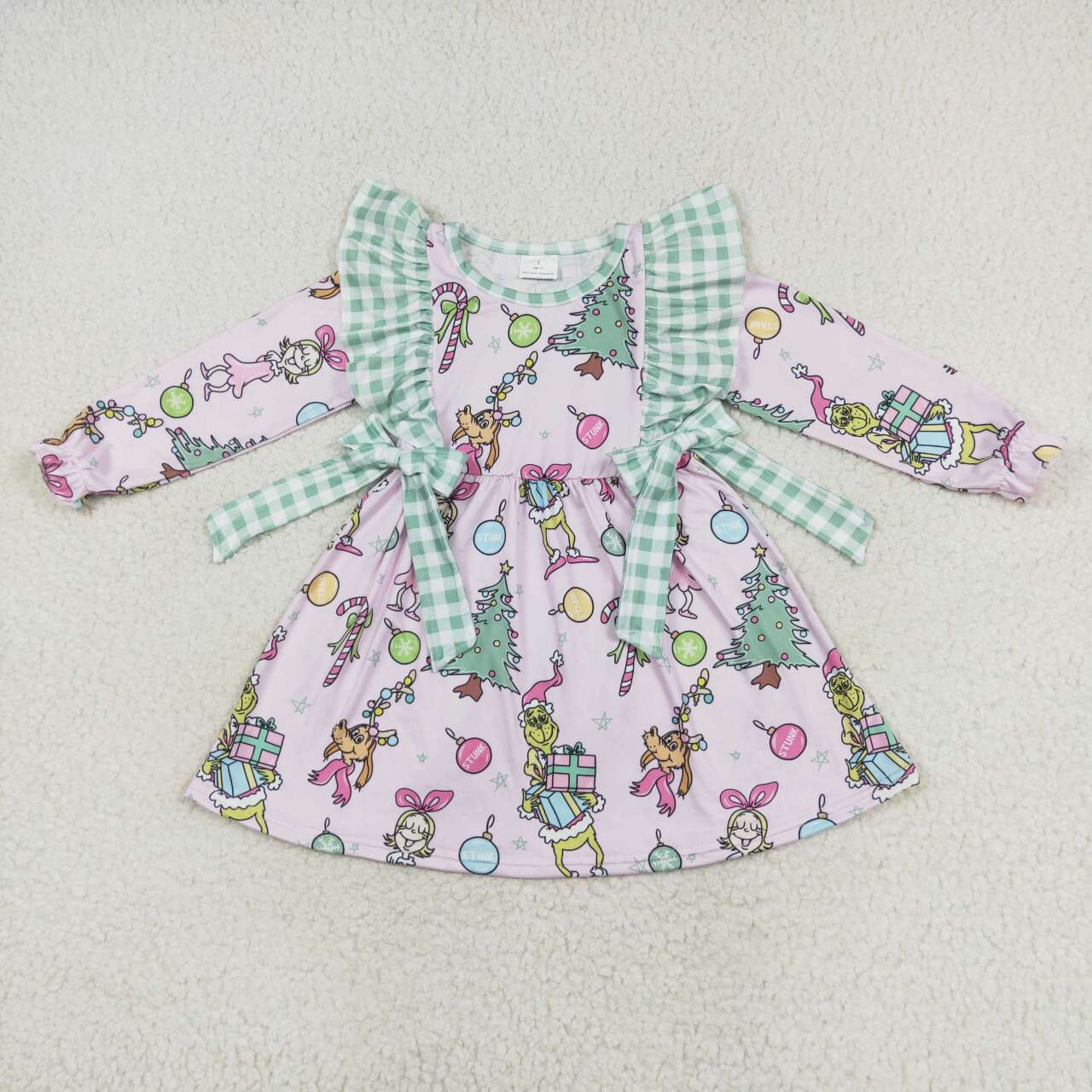 GLD0519 Christmas green face cartoon green checkered ruffles girls pink long sleeve dress