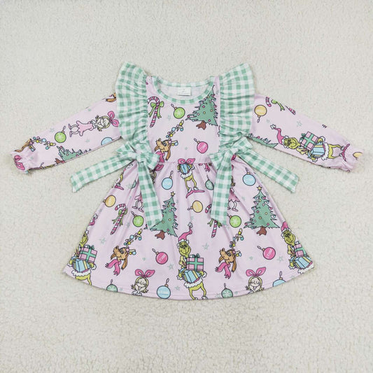 GLD0519 Christmas green face cartoon green checkered ruffles girls pink long sleeve dress