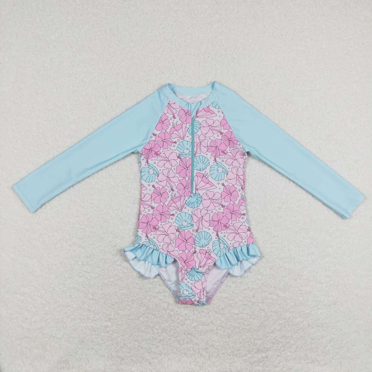 S0182  Pink flowers blue long sleeve Girls Bathing Suits Swimsuits