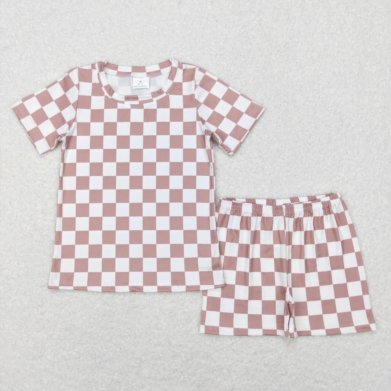 BSSO0326 Khaki checkered short sleeve shorts kids pajamas