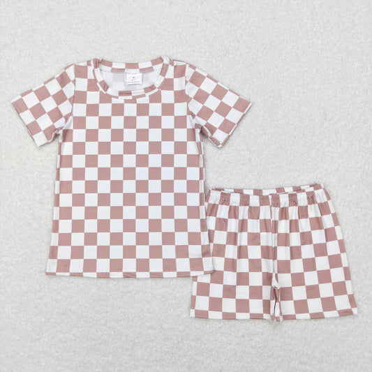 BSSO0326 Khaki checkered short sleeve shorts kids pajamas