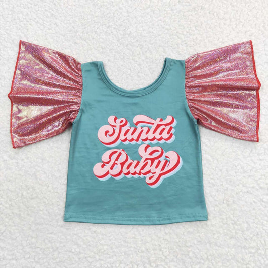 GT0286 Christmas Santa Baby green & pink short sleeve girls top