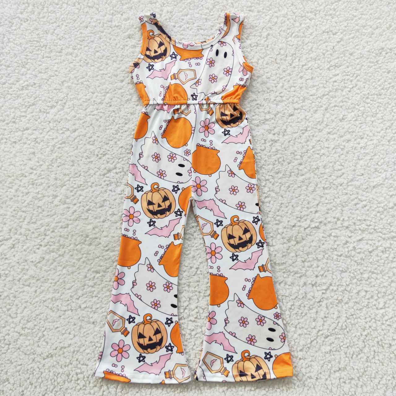 SR0410 Halloween Pumpkin Ghost Flowers Pink Sleeveless Girls Jumpsuits