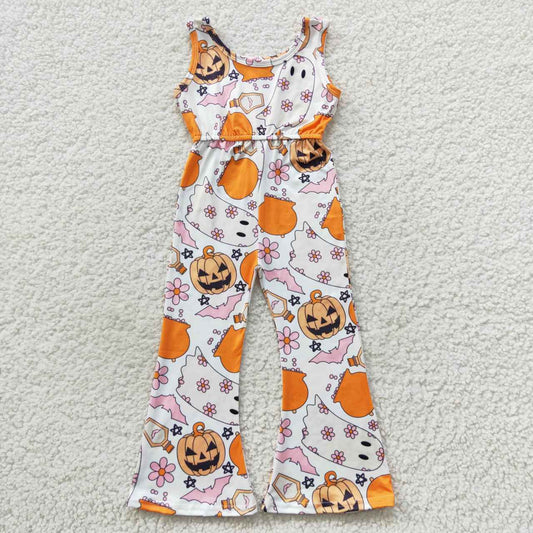 SR0410 Halloween Pumpkin Ghost Flowers Pink Sleeveless Girls Jumpsuits