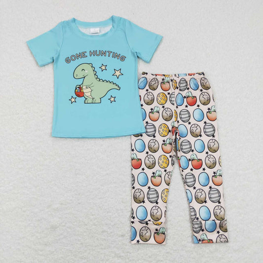 BSPO0202 Gone hunting dinosaur egg blue short sleeve egg pants boys set